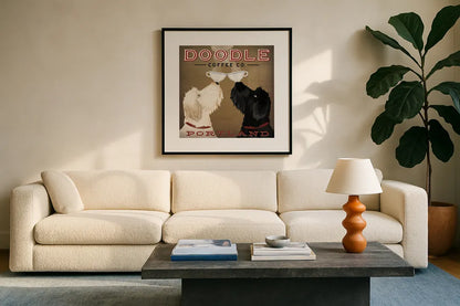 Doodle Coffee Double IV Portland by Ryan Fowler. Displayed in a glass frame with matte in a clean modern living room. Available as an archival giclee rolled canvas, fine art paper, or poster print. SKU 24645a.