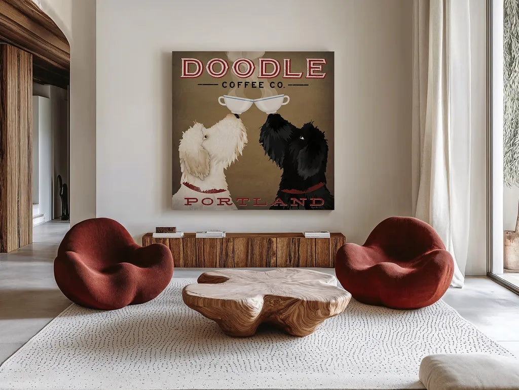 Doodle Coffee Double IV Portland by Ryan Fowler. Shown as extra-large giant wall art in a modern living room. Available as an archival giclee rolled canvas, fine art paper, or poster print. SKU 24645a.