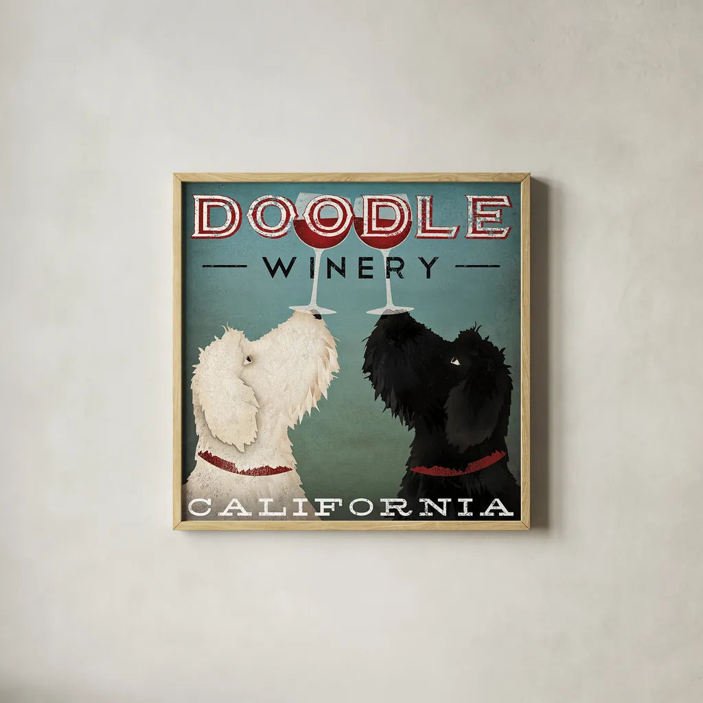 Doodle Wine by Ryan Fowler. Shown in a natural wood glass frame for a timeless modern aesthetic. Available as an archival giclee rolled canvas, fine art paper, or poster print. SKU 15623a.