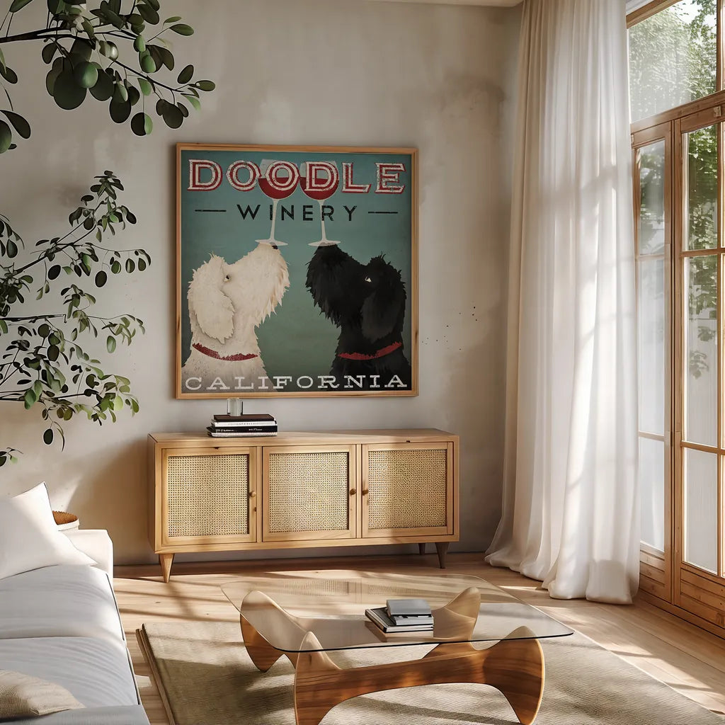 Doodle Wine by Ryan Fowler. Shown in a natural wood frame in a cozy modern living room. Available as an archival giclee rolled canvas, fine art paper, or poster print. SKU 15623a.