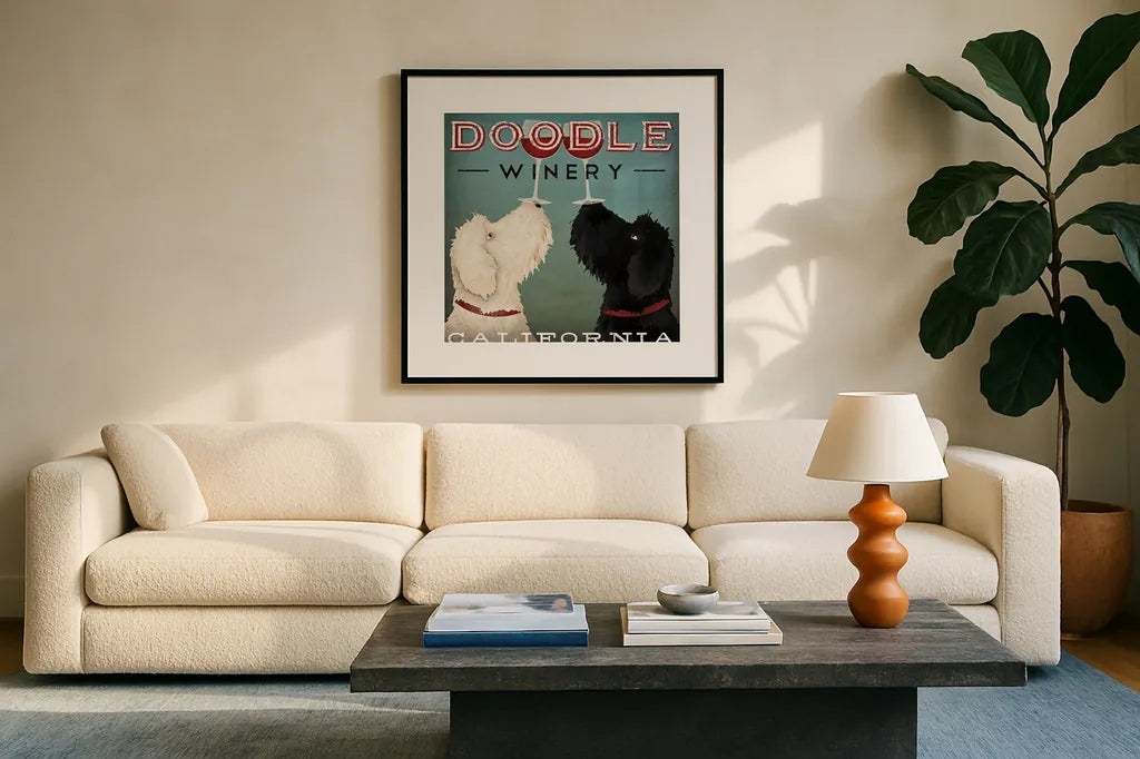 Doodle Wine by Ryan Fowler. Displayed in a glass frame with matte in a clean modern living room. Available as an archival giclee rolled canvas, fine art paper, or poster print. SKU 15623a.