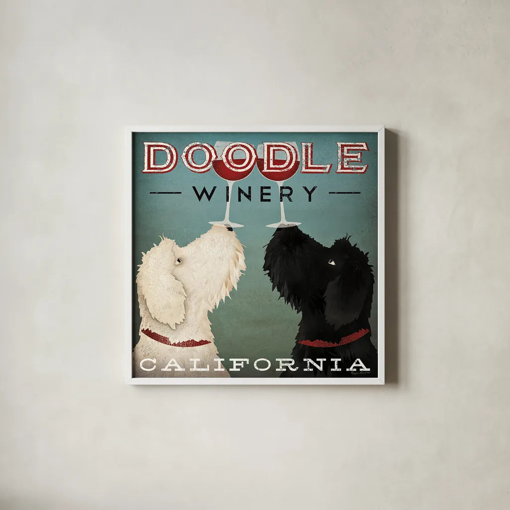 Doodle Wine by Ryan Fowler. Shown in a crisp white glass frame for a clean and minimalist style. Available as an archival giclee rolled canvas, fine art paper, or poster print. SKU 15954a.