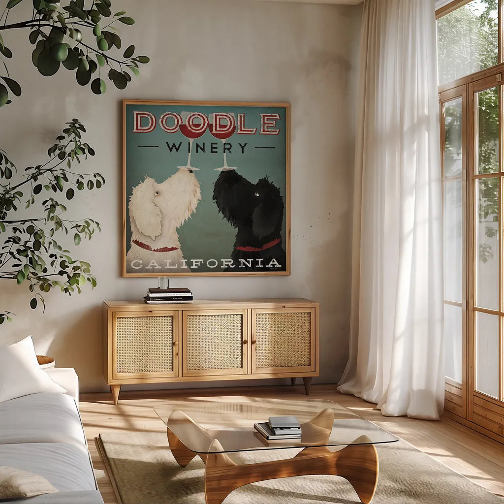 Doodle Wine by Ryan Fowler. Shown in a natural wood frame in a cozy modern living room. Available as an archival giclee rolled canvas, fine art paper, or poster print. SKU 15954a.