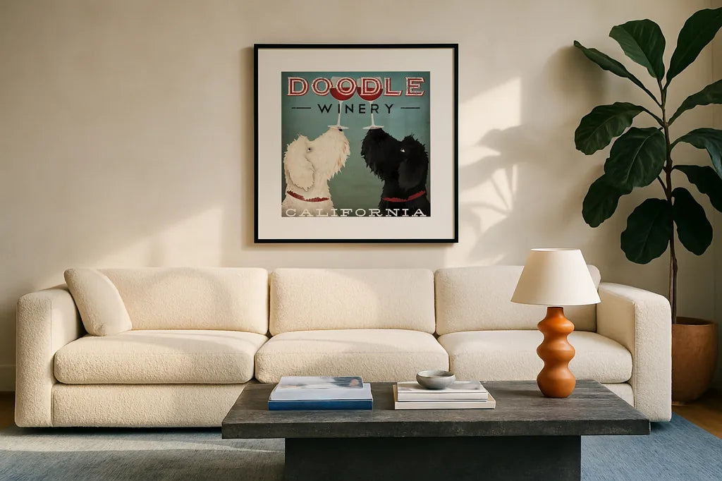 Doodle Wine by Ryan Fowler. Displayed in a glass frame with matte in a clean modern living room. Available as an archival giclee rolled canvas, fine art paper, or poster print. SKU 15954a.