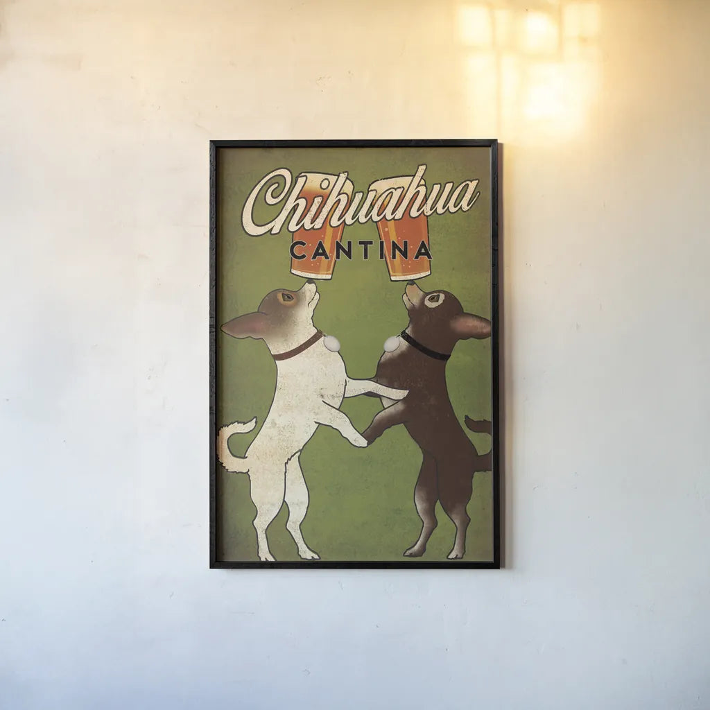 Double Chihuahua by Ryan Fowler. shown as a paper print in a black flame. Available as a archival giclee rolled canvas, fine art paper, or poster print. SKU 31311h.