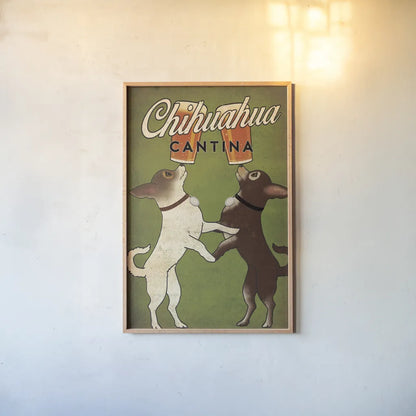Double Chihuahua by Ryan Fowler. shown as a paper print in a natural frame. Available as a archival giclee rolled canvas, fine art paper, or poster print. SKU 31311h.