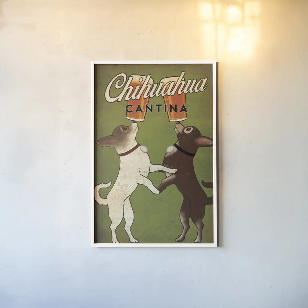 Double Chihuahua by Ryan Fowler. shown as a paper print in a white frame. Available as a archival giclee rolled canvas, fine art paper, or poster print. SKU 31311h.