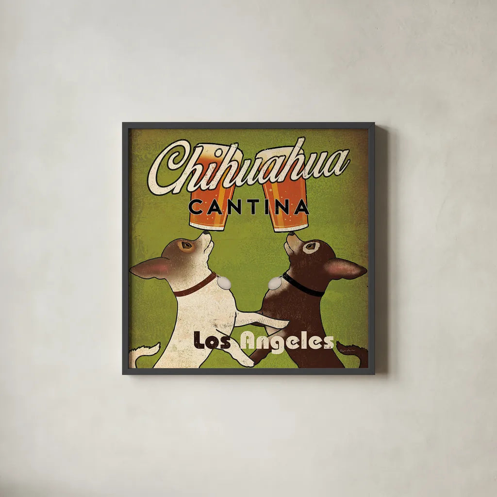 Double Chihuahua Crop Los Angeles by Ryan Fowler. Shown in a sleek black glass frame for a contemporary gallery look. Available as an archival giclee rolled canvas, fine art paper, or poster print. SKU 32991a.