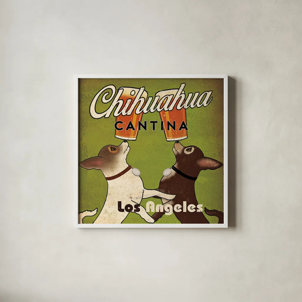 Double Chihuahua Crop Los Angeles by Ryan Fowler. Shown in a crisp white glass frame for a clean and minimalist style. Available as an archival giclee rolled canvas, fine art paper, or poster print. SKU 32991a.