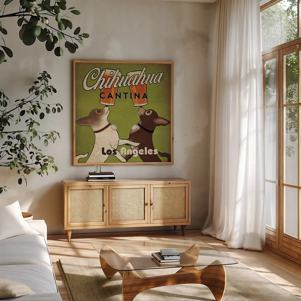 Double Chihuahua Crop Los Angeles by Ryan Fowler. Shown in a natural wood frame in a cozy modern living room. Available as an archival giclee rolled canvas, fine art paper, or poster print. SKU 32991a.