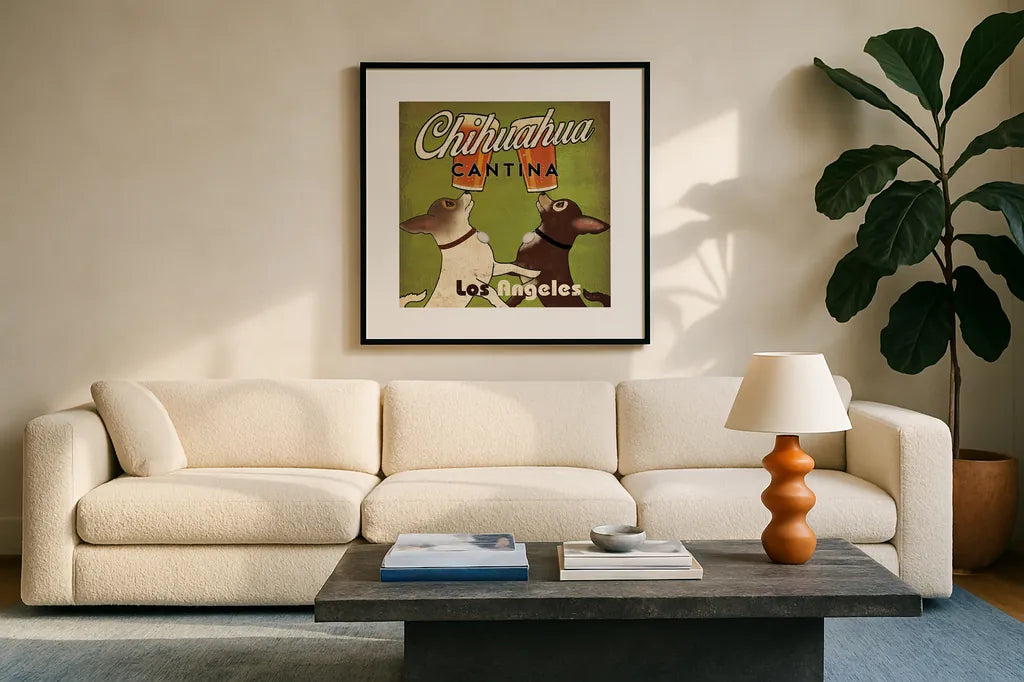 Double Chihuahua Crop Los Angeles by Ryan Fowler. Displayed in a glass frame with matte in a clean modern living room. Available as an archival giclee rolled canvas, fine art paper, or poster print. SKU 32991a.