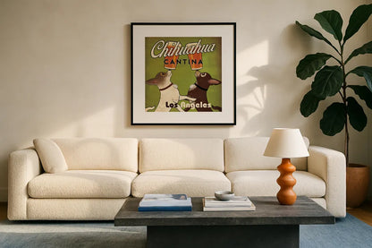 Double Chihuahua Crop Los Angeles by Ryan Fowler. Displayed in a glass frame with matte in a clean modern living room. Available as an archival giclee rolled canvas, fine art paper, or poster print. SKU 32991a.