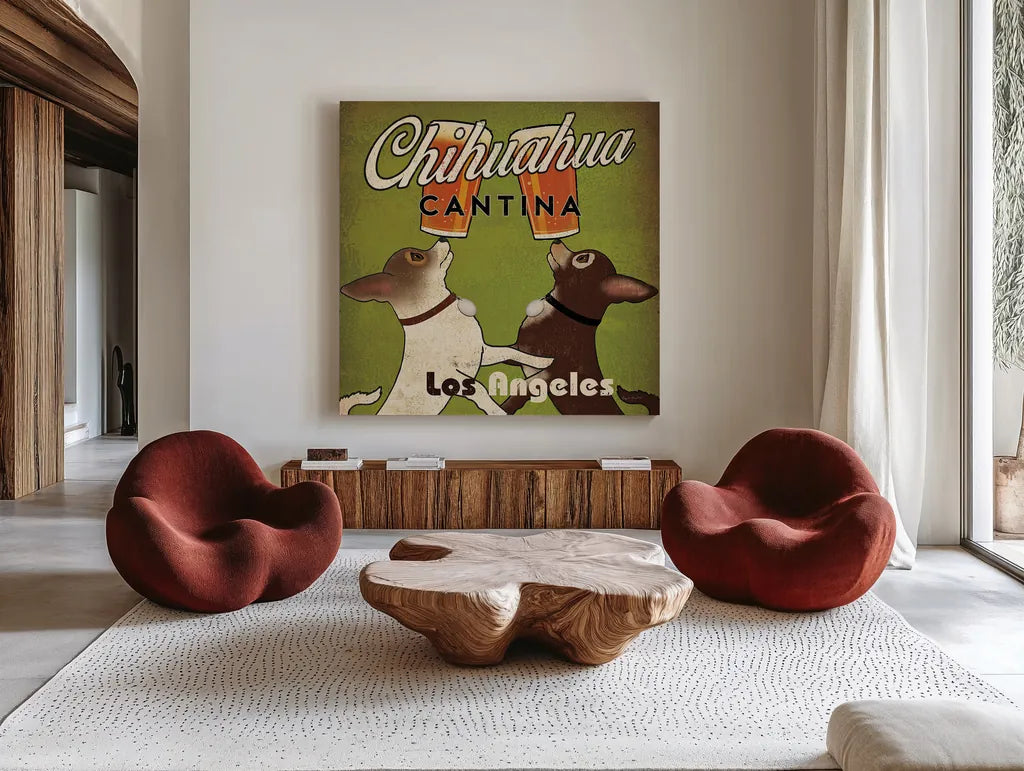 Double Chihuahua Crop Los Angeles by Ryan Fowler. Shown as extra-large giant wall art in a modern living room. Available as an archival giclee rolled canvas, fine art paper, or poster print. SKU 32991a.