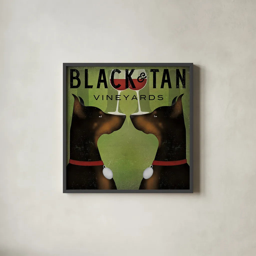 Double Doberman Vineyards by Ryan Fowler. Shown in a sleek black glass frame for a contemporary gallery look. Available as an archival giclee rolled canvas, fine art paper, or poster print. SKU 22888a.