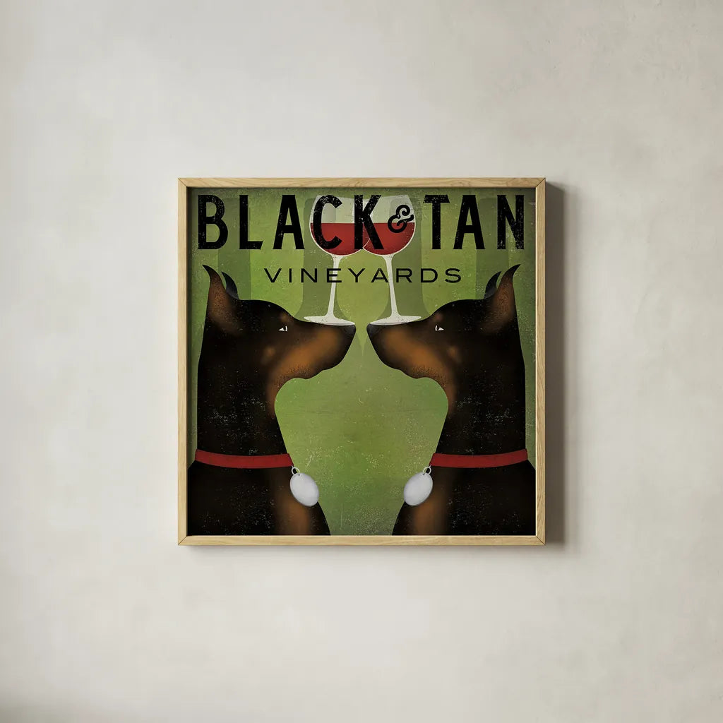 Double Doberman Vineyards by Ryan Fowler. Shown in a natural wood glass frame for a timeless modern aesthetic. Available as an archival giclee rolled canvas, fine art paper, or poster print. SKU 22888a.