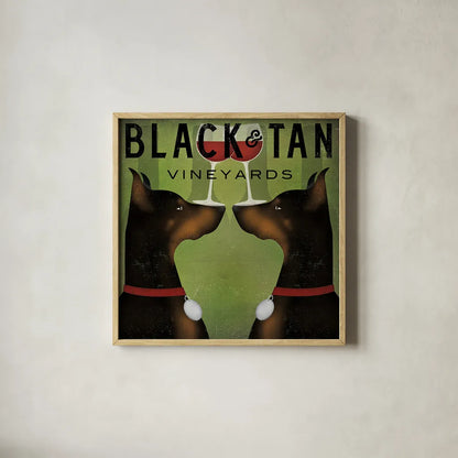 Double Doberman Vineyards by Ryan Fowler. Shown in a natural wood glass frame for a timeless modern aesthetic. Available as an archival giclee rolled canvas, fine art paper, or poster print. SKU 22888a.