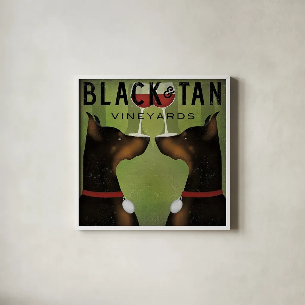 Double Doberman Vineyards by Ryan Fowler. Shown in a crisp white glass frame for a clean and minimalist style. Available as an archival giclee rolled canvas, fine art paper, or poster print. SKU 22888a.
