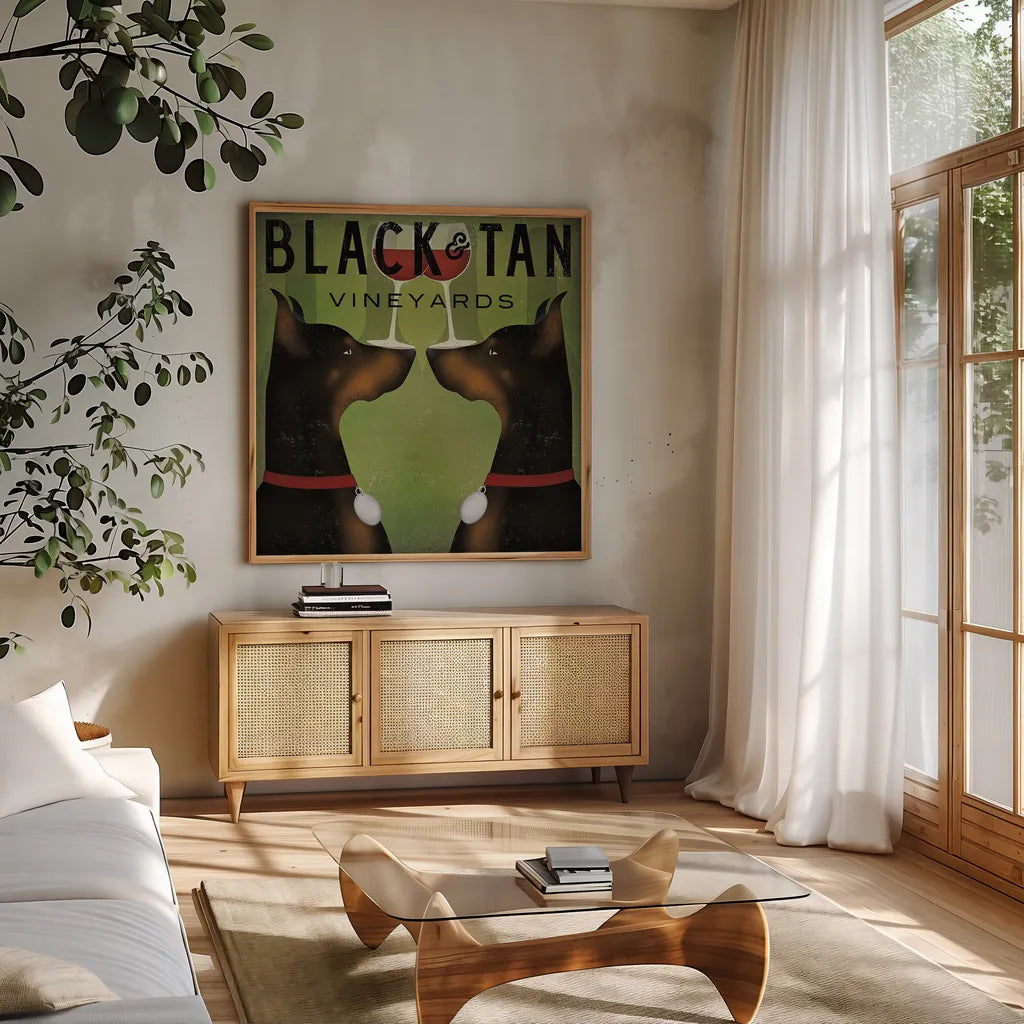 Double Doberman Vineyards by Ryan Fowler. Shown in a natural wood frame in a cozy modern living room. Available as an archival giclee rolled canvas, fine art paper, or poster print. SKU 22888a.