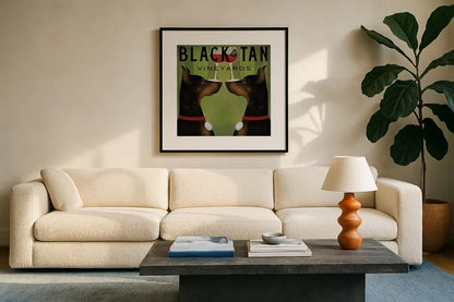 Double Doberman Vineyards by Ryan Fowler. Displayed in a glass frame with matte in a clean modern living room. Available as an archival giclee rolled canvas, fine art paper, or poster print. SKU 22888a.