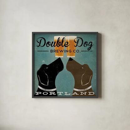Double Dog Brewing Co by Ryan Fowler. Shown in a sleek black glass frame for a contemporary gallery look. Available as an archival giclee rolled canvas, fine art paper, or poster print. SKU 12811a.