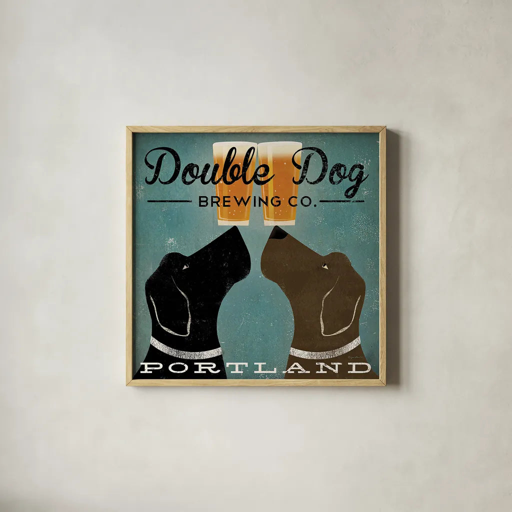 Double Dog Brewing Co by Ryan Fowler. Shown in a natural wood glass frame for a timeless modern aesthetic. Available as an archival giclee rolled canvas, fine art paper, or poster print. SKU 12811a.
