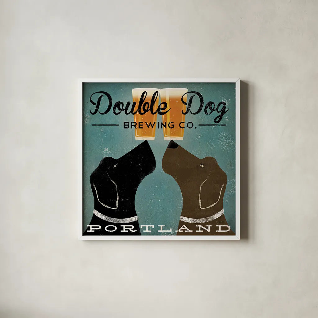 Double Dog Brewing Co by Ryan Fowler. Shown in a crisp white glass frame for a clean and minimalist style. Available as an archival giclee rolled canvas, fine art paper, or poster print. SKU 12811a.