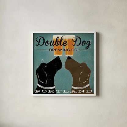 Double Dog Brewing Co by Ryan Fowler. Shown in a crisp white glass frame for a clean and minimalist style. Available as an archival giclee rolled canvas, fine art paper, or poster print. SKU 12811a.