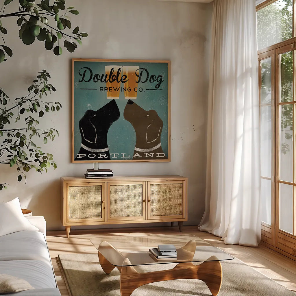 Double Dog Brewing Co by Ryan Fowler. Shown in a natural wood frame in a cozy modern living room. Available as an archival giclee rolled canvas, fine art paper, or poster print. SKU 12811a.