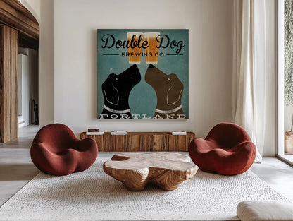 Double Dog Brewing Co by Ryan Fowler. Shown as extra-large giant wall art in a modern living room. Available as an archival giclee rolled canvas, fine art paper, or poster print. SKU 12811a.