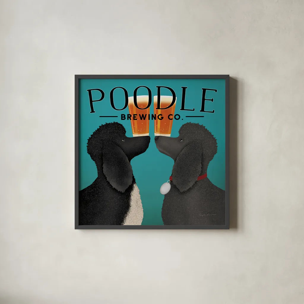 Double Poodle Brewing by Ryan Fowler. Shown in a sleek black glass frame for a contemporary gallery look. Available as an archival giclee rolled canvas, fine art paper, or poster print. SKU 79453a.