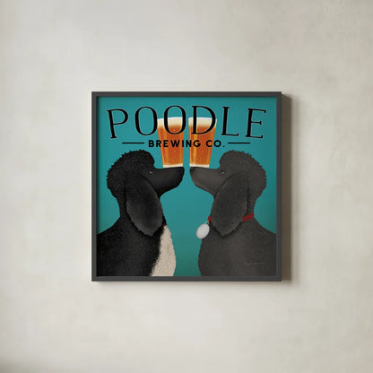Double Poodle Brewing by Ryan Fowler. Shown in a sleek black glass frame for a contemporary gallery look. Available as an archival giclee rolled canvas, fine art paper, or poster print. SKU 79453a.