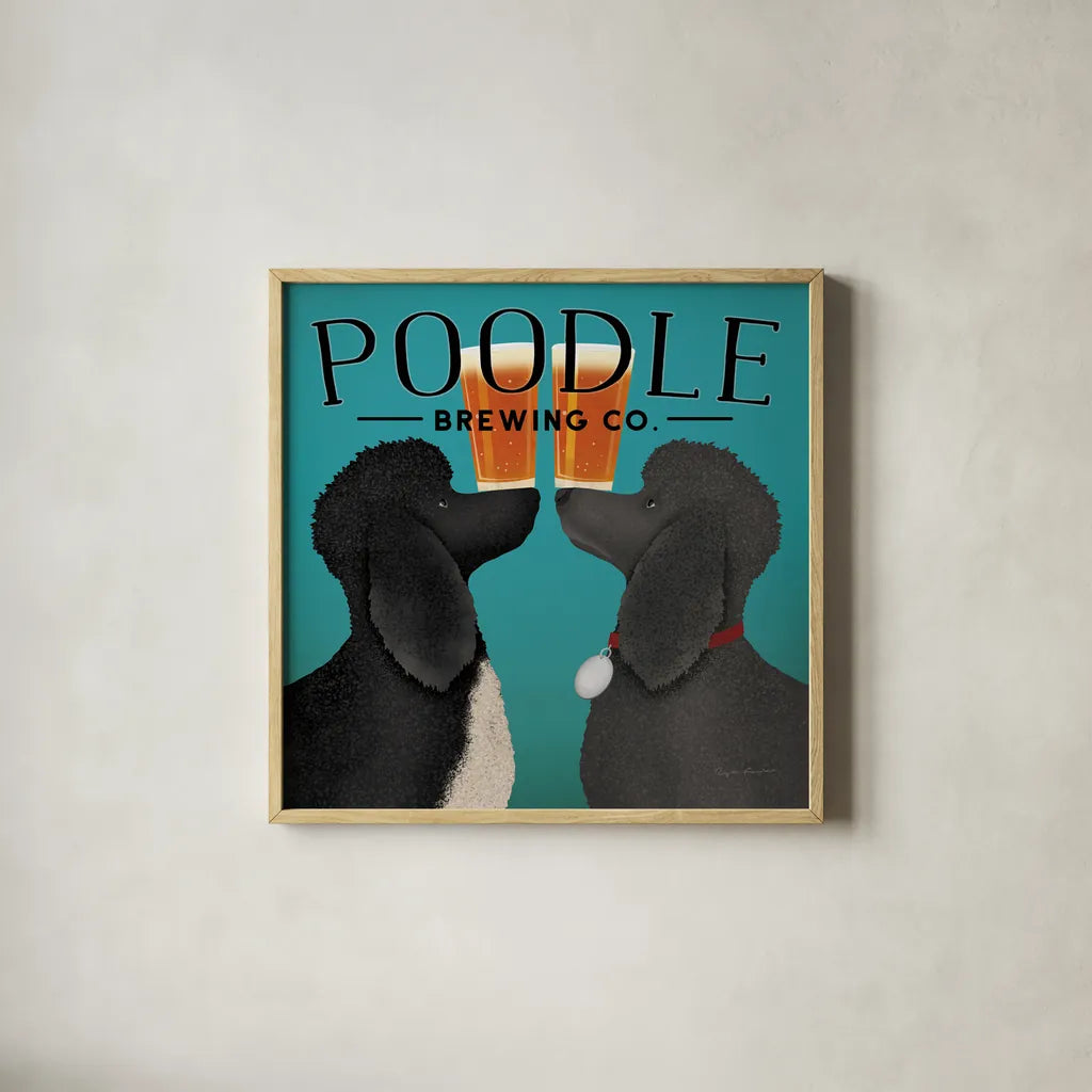 Double Poodle Brewing by Ryan Fowler. Shown in a natural wood glass frame for a timeless modern aesthetic. Available as an archival giclee rolled canvas, fine art paper, or poster print. SKU 79453a.