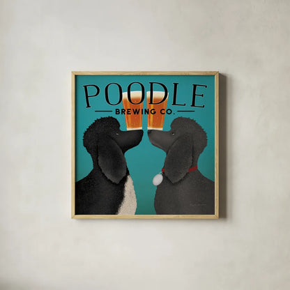Double Poodle Brewing by Ryan Fowler. Shown in a natural wood glass frame for a timeless modern aesthetic. Available as an archival giclee rolled canvas, fine art paper, or poster print. SKU 79453a.