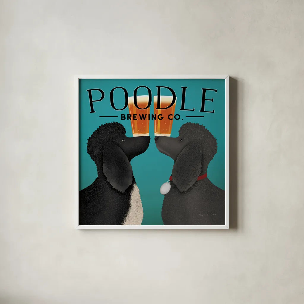 Double Poodle Brewing by Ryan Fowler. Shown in a crisp white glass frame for a clean and minimalist style. Available as an archival giclee rolled canvas, fine art paper, or poster print. SKU 79453a.