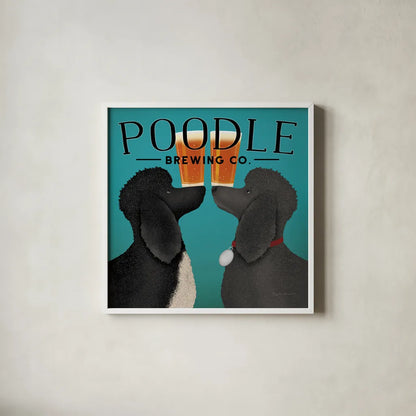 Double Poodle Brewing by Ryan Fowler. Shown in a crisp white glass frame for a clean and minimalist style. Available as an archival giclee rolled canvas, fine art paper, or poster print. SKU 79453a.