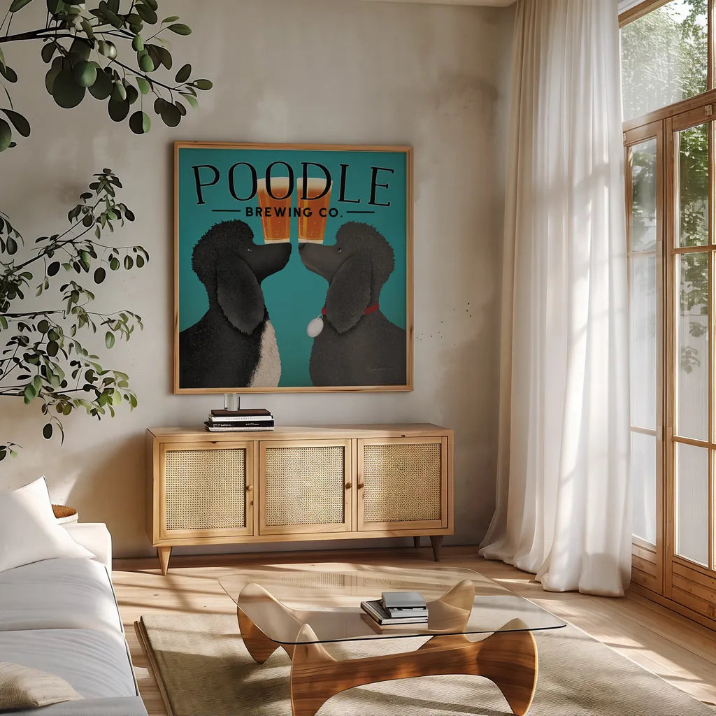 Double Poodle Brewing by Ryan Fowler. Shown in a natural wood frame in a cozy modern living room. Available as an archival giclee rolled canvas, fine art paper, or poster print. SKU 79453a.