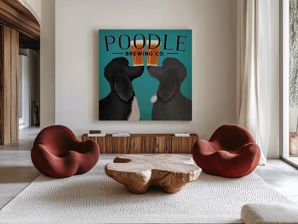 Double Poodle Brewing by Ryan Fowler. Shown as extra-large giant wall art in a modern living room. Available as an archival giclee rolled canvas, fine art paper, or poster print. SKU 79453a.