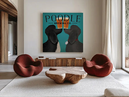 Double Poodle Brewing by Ryan Fowler. Shown as extra-large giant wall art in a modern living room. Available as an archival giclee rolled canvas, fine art paper, or poster print. SKU 79453a.