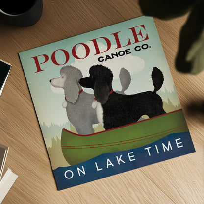 Double Poodle Canoe by Ryan Fowler. Shown as a detailed flat fine art print, highlighting archival giclee quality. Available as an archival giclee rolled canvas, fine art paper, or poster print. SKU 79450a.