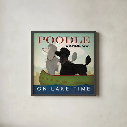 Double Poodle Canoe by Ryan Fowler. Shown in a sleek black glass frame for a contemporary gallery look. Available as an archival giclee rolled canvas, fine art paper, or poster print. SKU 79450a.
