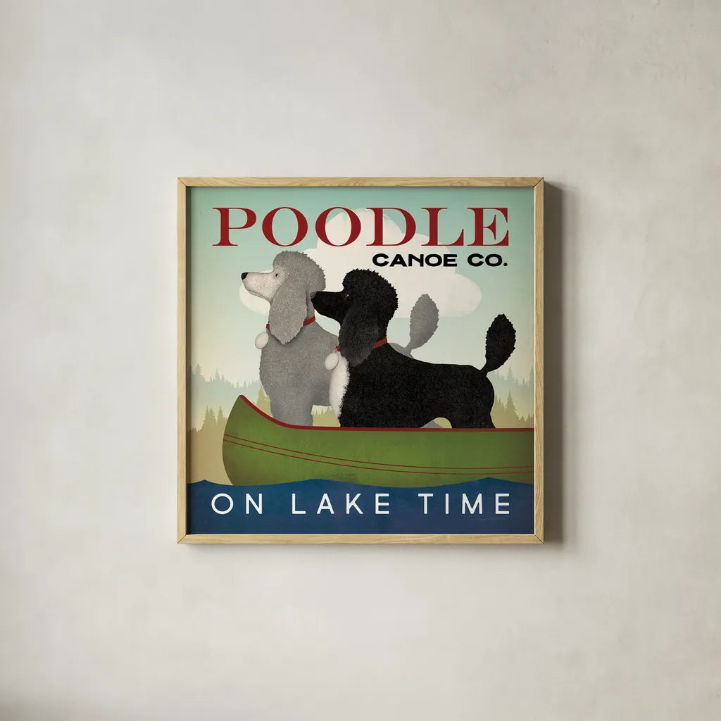 Double Poodle Canoe by Ryan Fowler. Shown in a natural wood glass frame for a timeless modern aesthetic. Available as an archival giclee rolled canvas, fine art paper, or poster print. SKU 79450a.