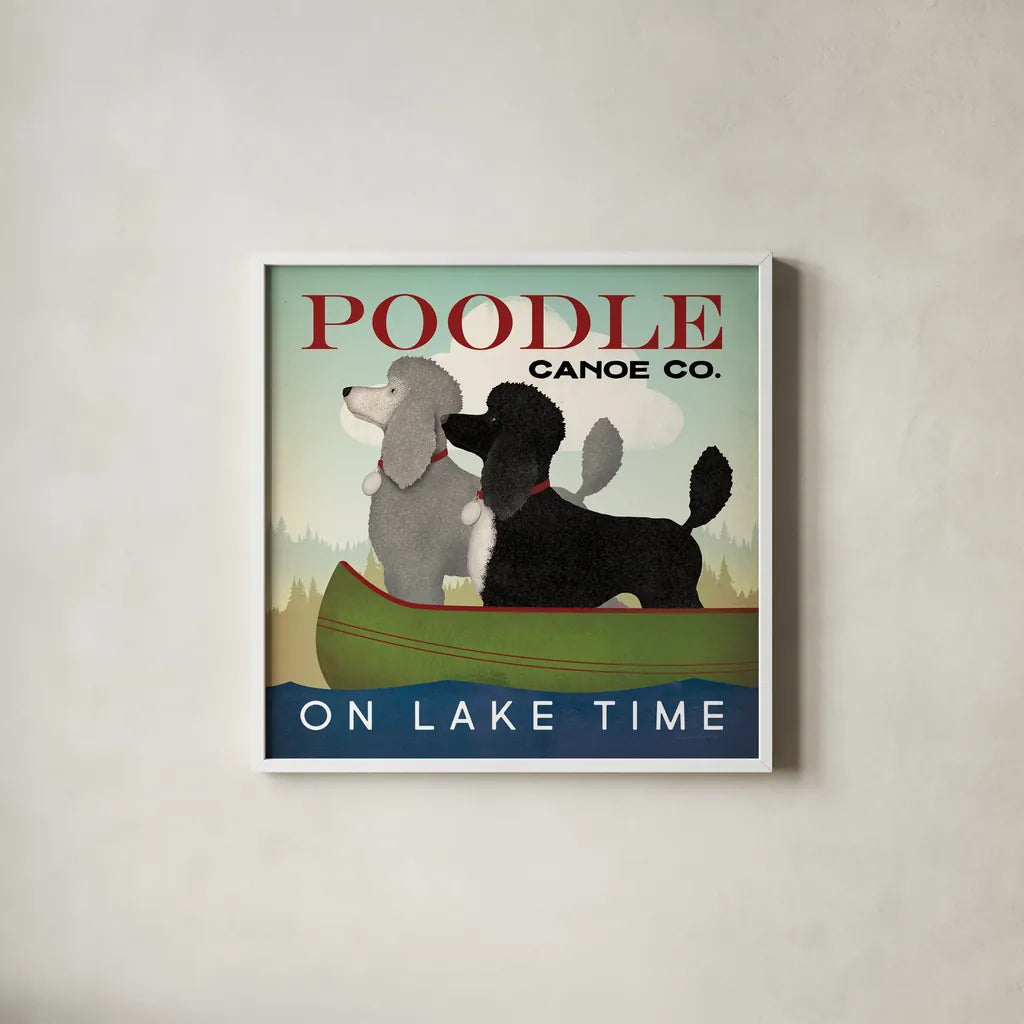Double Poodle Canoe by Ryan Fowler. Shown in a crisp white glass frame for a clean and minimalist style. Available as an archival giclee rolled canvas, fine art paper, or poster print. SKU 79450a.