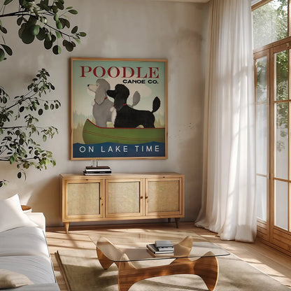 Double Poodle Canoe by Ryan Fowler. Shown in a natural wood frame in a cozy modern living room. Available as an archival giclee rolled canvas, fine art paper, or poster print. SKU 79450a.