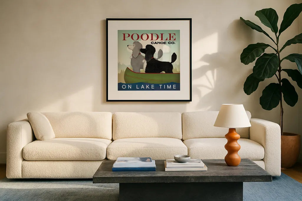 Double Poodle Canoe by Ryan Fowler. Displayed in a glass frame with matte in a clean modern living room. Available as an archival giclee rolled canvas, fine art paper, or poster print. SKU 79450a.