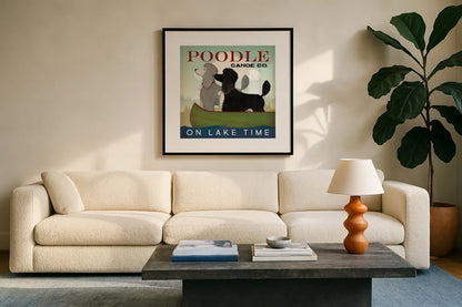 Double Poodle Canoe by Ryan Fowler. Displayed in a glass frame with matte in a clean modern living room. Available as an archival giclee rolled canvas, fine art paper, or poster print. SKU 79450a.