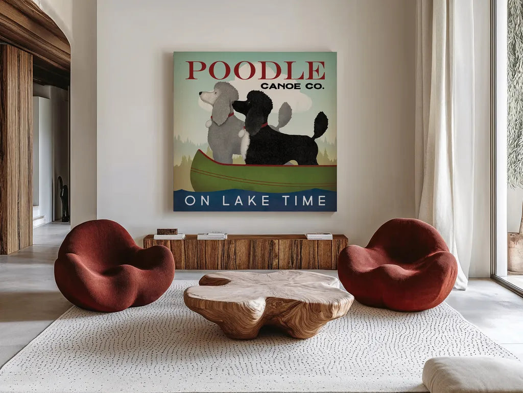 Double Poodle Canoe by Ryan Fowler. Shown as extra-large giant wall art in a modern living room. Available as an archival giclee rolled canvas, fine art paper, or poster print. SKU 79450a.
