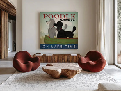 Double Poodle Canoe by Ryan Fowler. Shown as extra-large giant wall art in a modern living room. Available as an archival giclee rolled canvas, fine art paper, or poster print. SKU 79450a.
