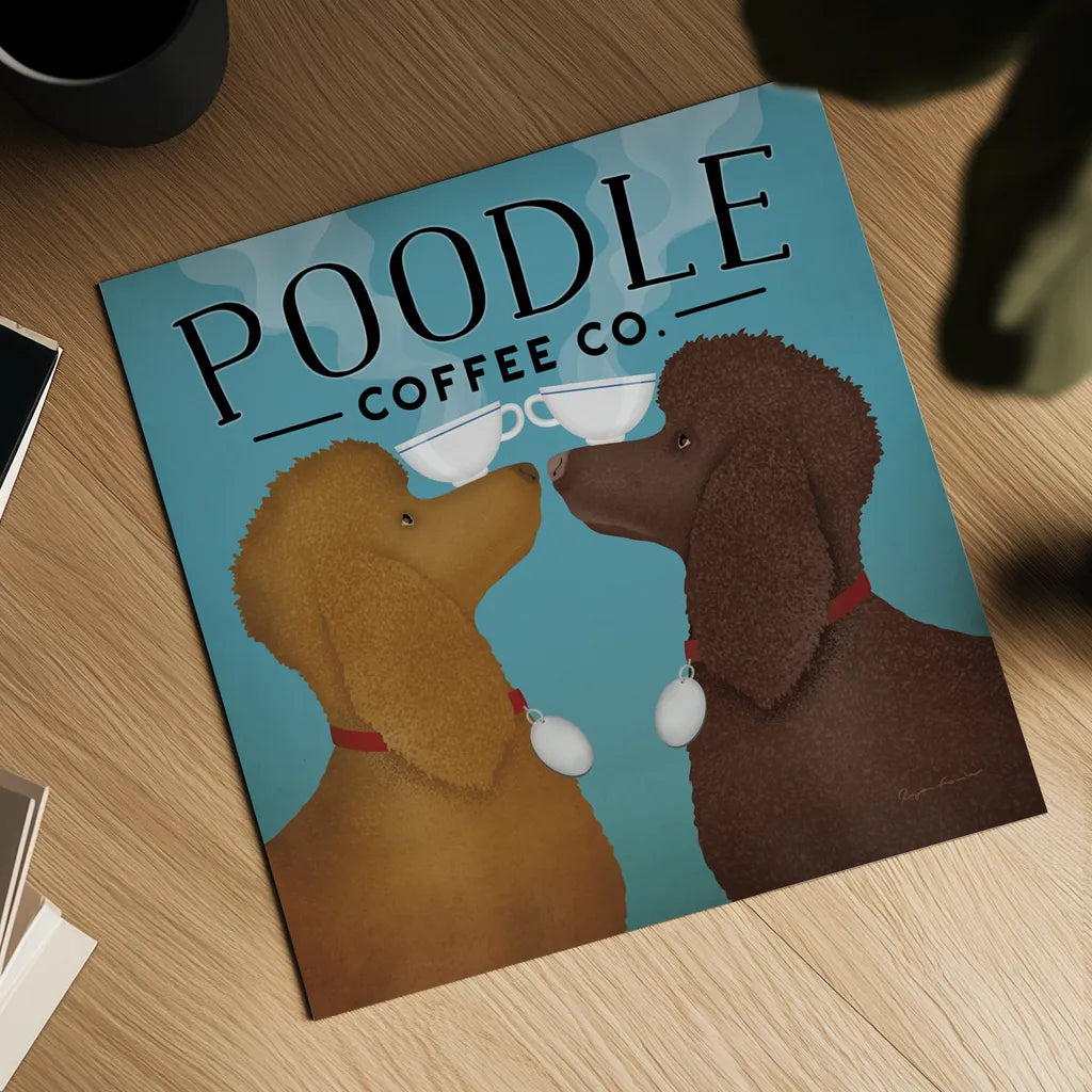 Double Poodle Coffee by Ryan Fowler. Shown as a detailed flat fine art print, highlighting archival giclee quality. Available as an archival giclee rolled canvas, fine art paper, or poster print. SKU 79452a.
