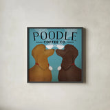 Double Poodle Coffee by Ryan Fowler. Shown in a sleek black glass frame for a contemporary gallery look. Available as an archival giclee rolled canvas, fine art paper, or poster print. SKU 79452a.