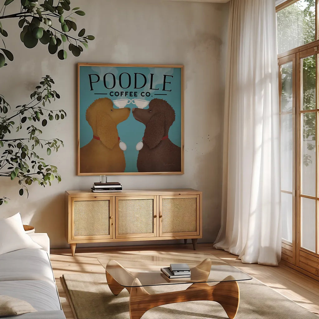Double Poodle Coffee by Ryan Fowler. Shown in a natural wood frame in a cozy modern living room. Available as an archival giclee rolled canvas, fine art paper, or poster print. SKU 79452a.